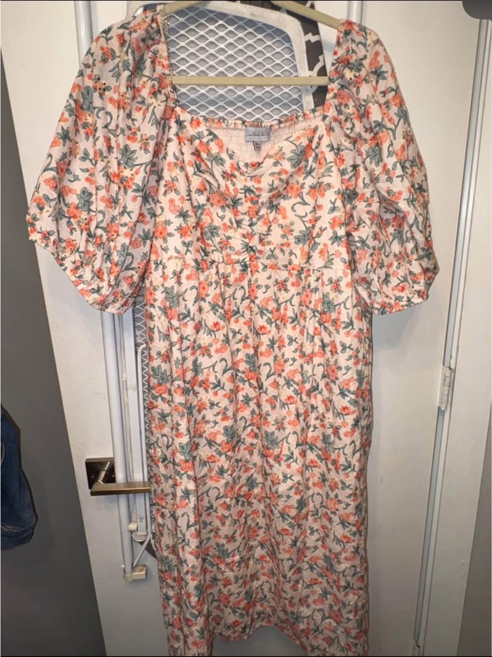 Floral Puff-Sleeve Midi Dress in Cream and Coral from one loved babe 3x